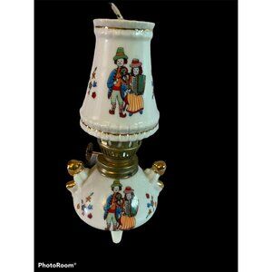 Porcelain Hurricane Oil Lamp & Shade  6” Japanese Japan Clown Theme